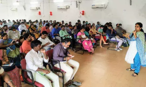 District Project Manager in Panchayat Office, Thota Naga Jyothi conducting a training session for panchayat secretaries in Ongole on Monday