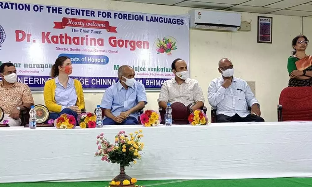 Dr Katharina Gorgen, Director of Goethe Institute at Max Mueller Bhavan addressing the students after inaugurating the Centre for Foreign Languages at SRKR Engineering College in Bhimavaram on Tuesday