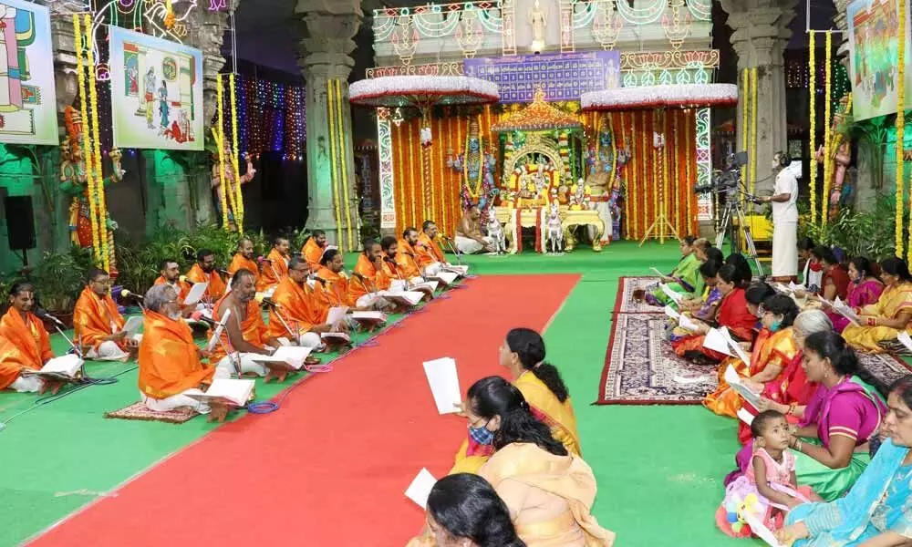 Vedic pundits and devotees taking part in Ayodhyakanda Akhanda Parayana Deeksha at Vasantha Mandapam at Tirumala on Tuesday