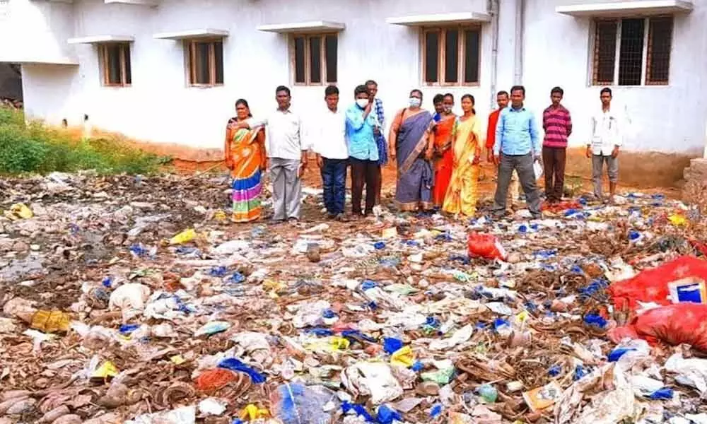 Garbage dumped at the Anganwadi centre, Lakshminagar village in Ravikamatham Mandal