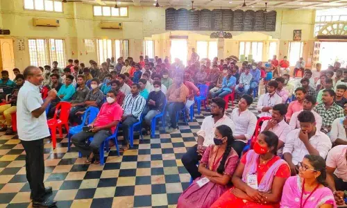 MLC Illa Venkateswara Rao speaking at the SFI meeting in Ongole on Tuesday