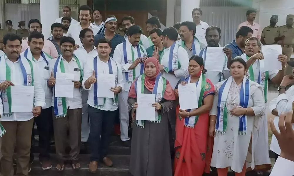 YSRCP’s winning candidates with local MLA Samineni Udayabhanu in Jaggaiahpet on Wednesday