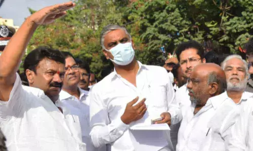 Ministers T Harish Rao, Talasani Srinivas Yadav, Jogu Ramanna and others inspecting the dharna chowk ahead of TRS Maha Dharna at Indira Park in Hyderabad. Photo: Adula Krishna