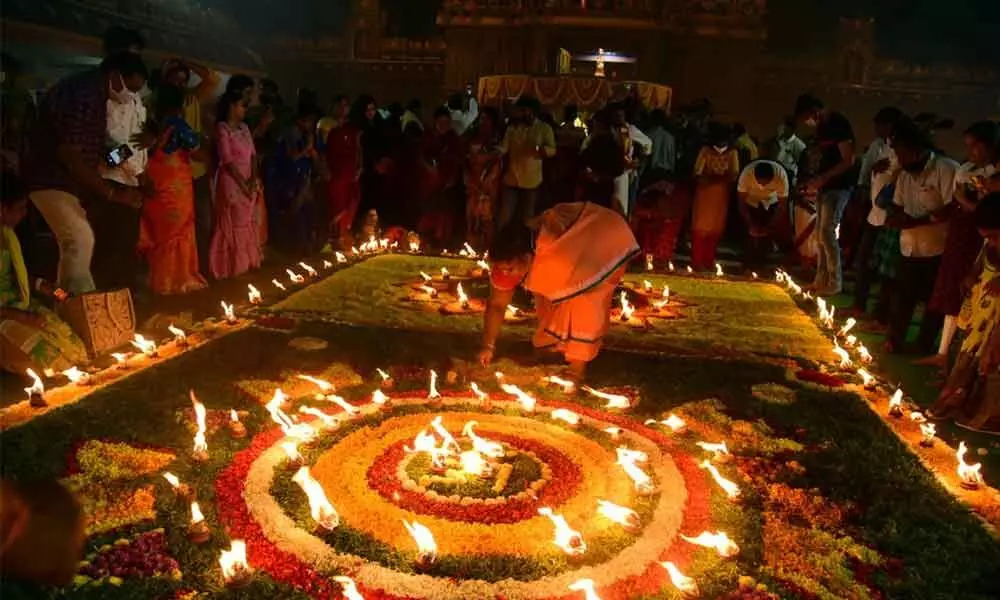 The temple authorities celebrating “JawalaToranam”at Sri Veera Venkata Satyanarayana Swamy temple in Annavaram on Thursday