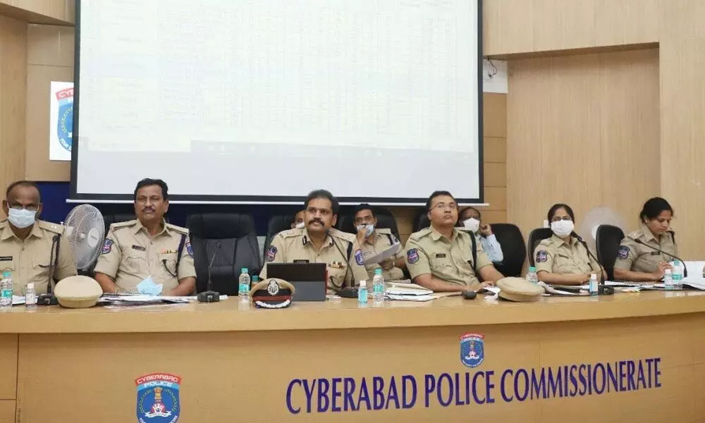 CP Stephen Raveendra at a press conference at his office in Cyberabad on Saturday