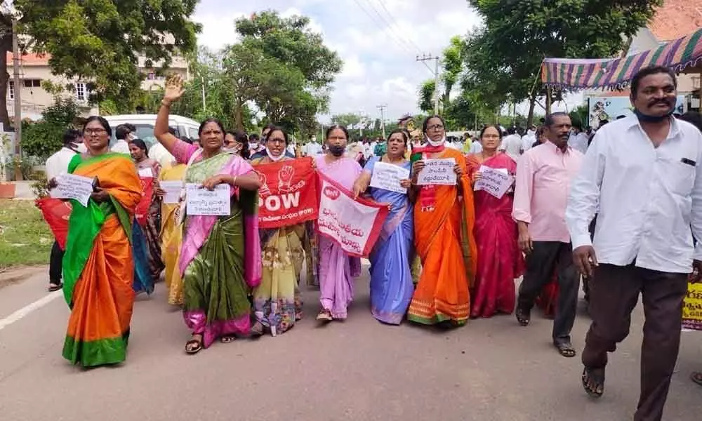 Women leaders of left parties staging a protest in Khammam on Saturday