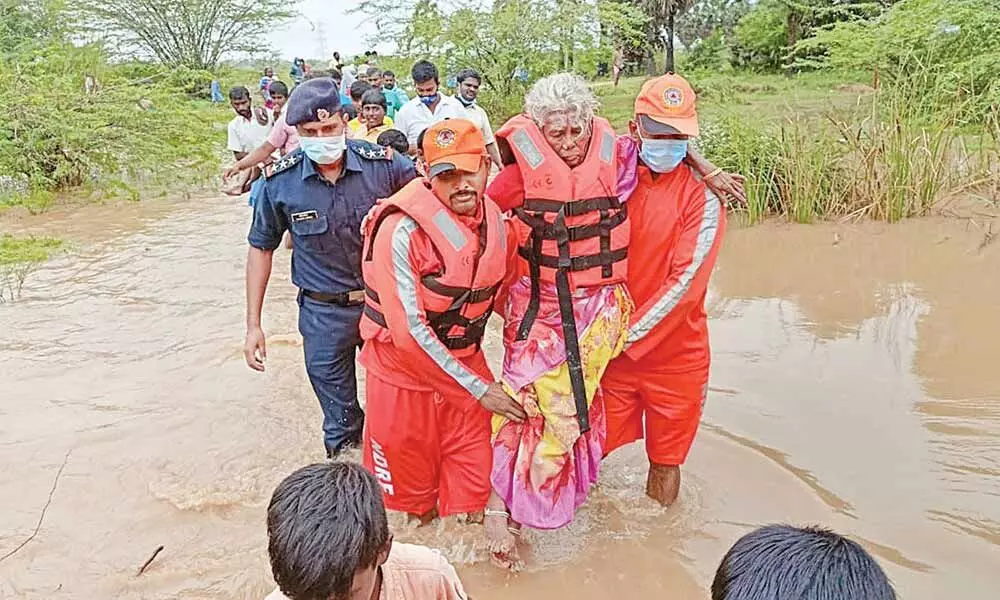 60-year-old Padmavati being rescued by NDRF from Sevlimedu village following heavy rain in Kanchipuram district