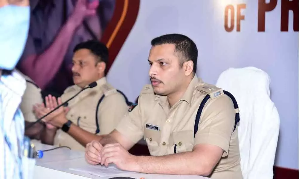Krishna district SP Siddharth Kaushal  addressing police officers at a meeting at the Command Control Room in Vijayawada