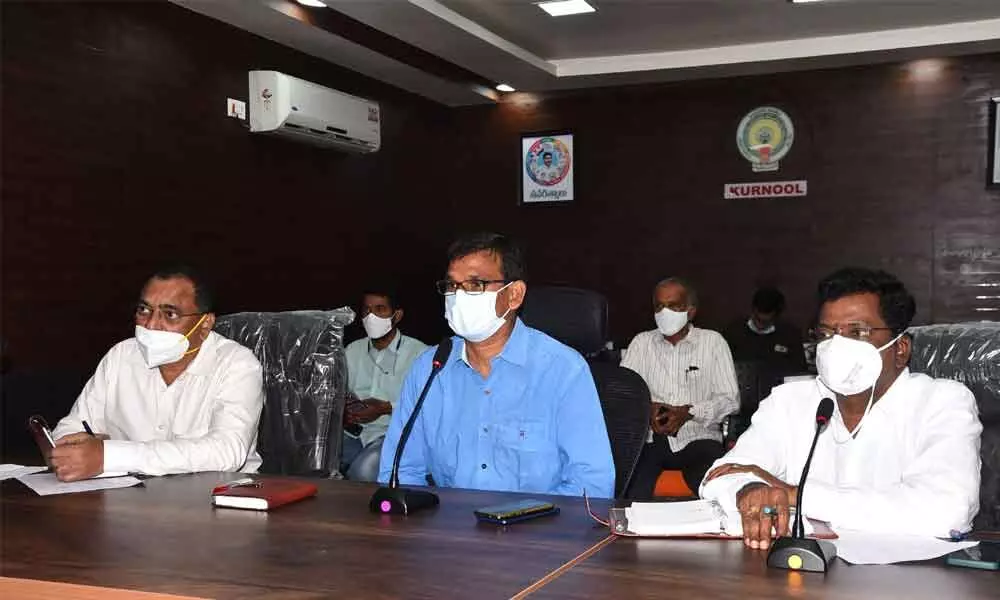 District Collector P Koteshwara Rao convening a video conference with the district officials from the Collectorate in Kurnool