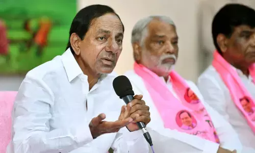 Chief Minister K Chandrashekar Rao addressing a press meet in Hyderabad on Saturday