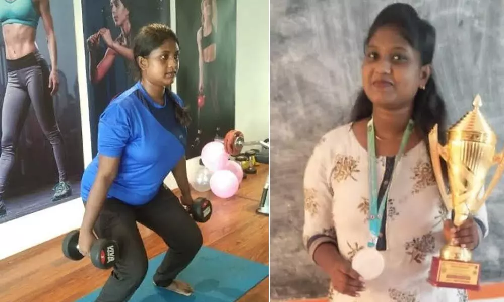 Wrestler Dola Sravani practising in a gymnasium in Visakhapatnam and Sravani with her medal and trophy