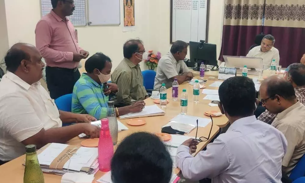 SPDCL Director Praveen Kumar holding a review meeting with officials of Chittoor, Nellore and Kadapa districts at the corporate office in Tirupati on Sunday