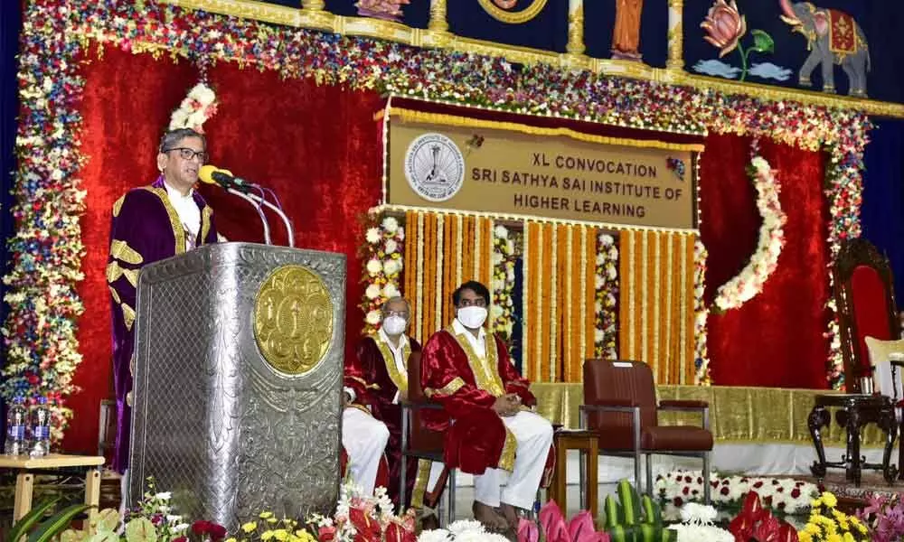 Chief Justice of India Justice N V Ramana addresses the convocation of Sri Sathya Sai Insitute of Higher Learning at Puttaparthi in Anantapur district on Monday