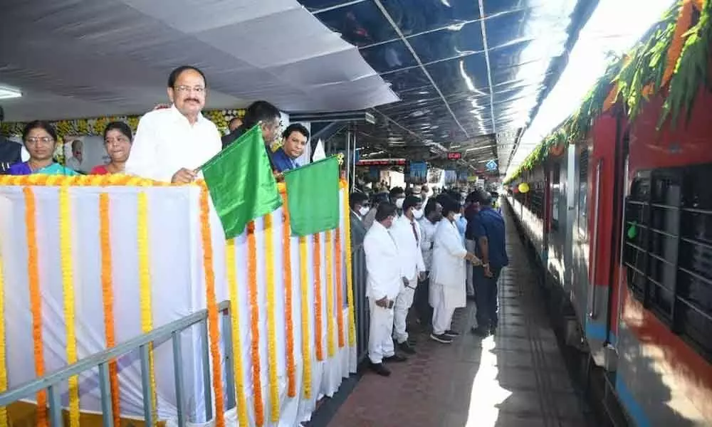 Vice President M Venkaiah Naidu flagging off the upgraded LHB rake and additional Vistadome coaches in Visakhapatnam on Monday
