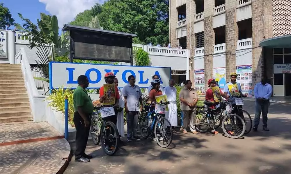 The team of cyclists at Andhra Loyola College  Loyala College in Vijayawada on Monday