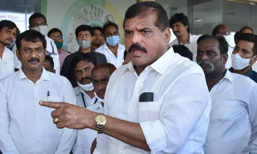 Minister for municipal administration Botcha Satyanarayana addressing the meida at the Secretariat on Monday