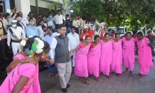 Ministry of Tribal Affairs Secretary Anil Kumar Jha joining Dhimsa dance presented  at the event organised to honour tribal entrepreneurs in Visakhapatnam on Monday