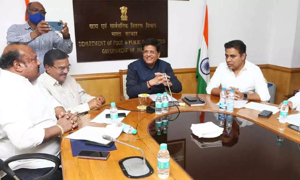 KTR along with MPs meeting with Union Minister Piyush Goyal at Krishi Bhavan in New Delhi on Tuesday
