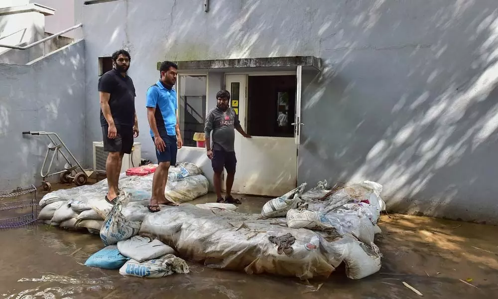 Sandbags being used to stop rainwater from entering Jawaharlal Nehru Centre for Advanced Scientific Research (JNCASR), a multi-disciplinary research institute on Tuesday