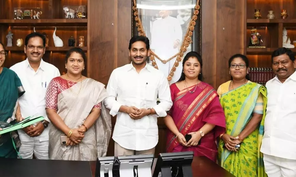 Tribal MLAs and Deputy Chief Minister Pamula Pushpasreevani meeting Chief Minister YS Jagan Mohan Reddy in his chamber in the Assembly on Tuesday