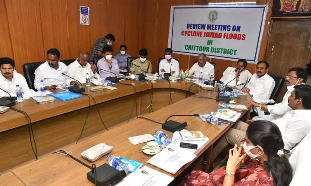 Minister Peddireddi Ramachandra Reddy and Deputy Chief Minister K Narayanaswamy holding a review meeting with MLAs and officials at RDO office in Tirupati on Wednesday