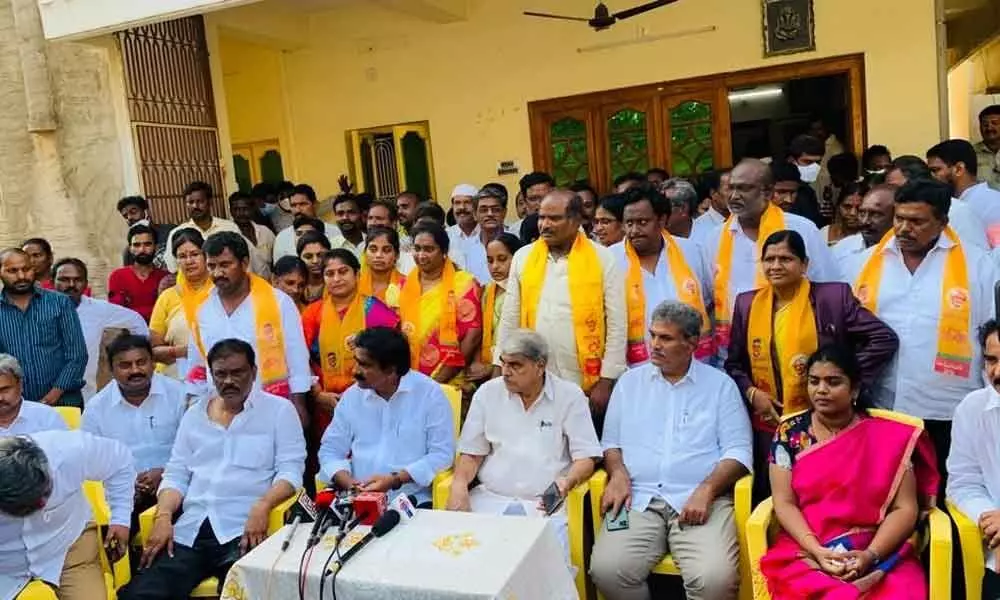 TDP MP Kesineni Srinivas, former Minister Devineni Umamaheswara Rao and other leaders speaking to media persons at Kondapalli after the elections on Wednesday