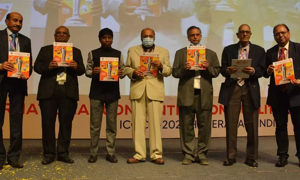 President JSW Ltd PK Murugan releasing a souvenir along with President QCI,  SJ Kalokhe, Executive Director DK Srivastava, President Emeritus Prof Ashok Mittal,  CH Balakrishna Rao, PV Satyavartha and LM Sinha at inaugural session of 46th International Convention on Quality Control Circles 2021 in Hyderabad on Wednesday