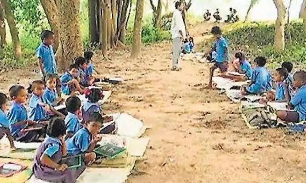 Students studying under the tree shade in a high school in Puttaparthi mandal