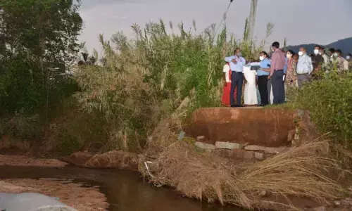 Members of the Central team inspecting a damaged tank near Bhimavaram in Chandragiri mandal on Friday