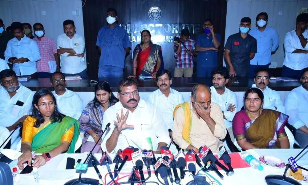 District in-charge Minister Botcha Sathyanarayana addressing the review meeting in Anantapur on Saturday