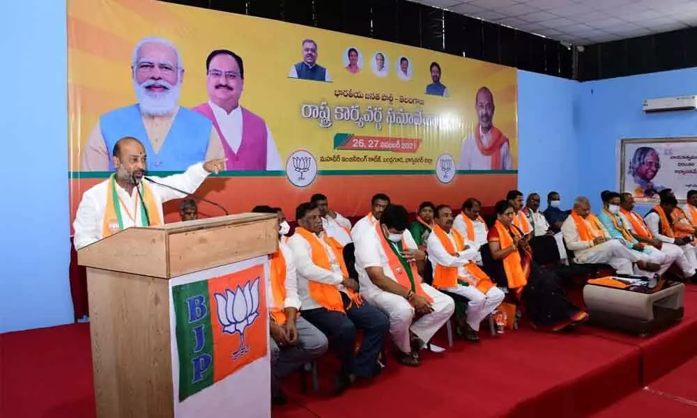 State president Bandi Sanjay speaking on the concluding day of the BJP state executive meeting in Hyderabad on Saturday