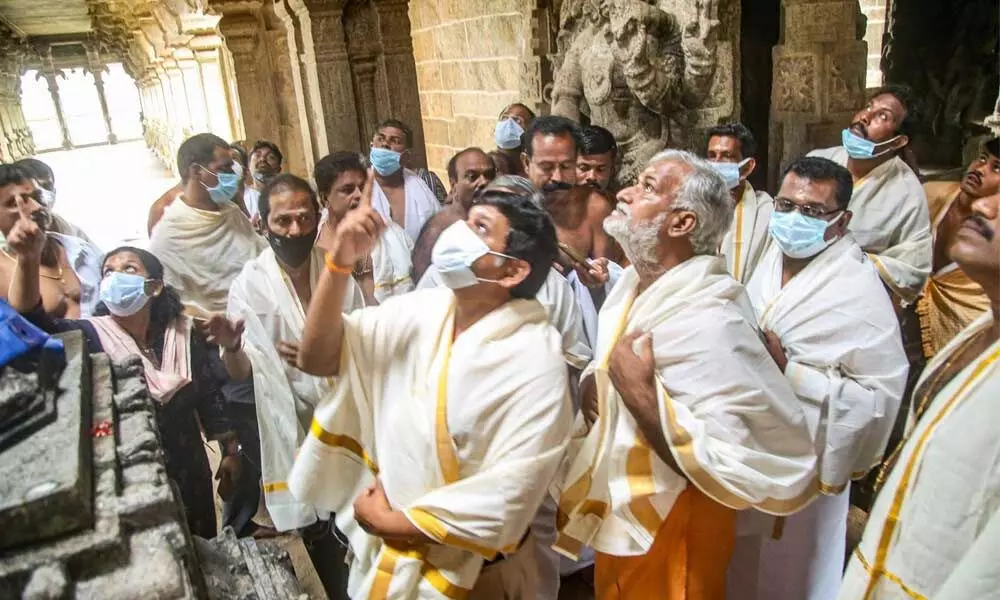 Tamil Nadu Minister for Hindu Religious and Charitable Endowments P K Sekar Babu during his inspection visit to Aadikesava Perumal temple in Kanyakumari district