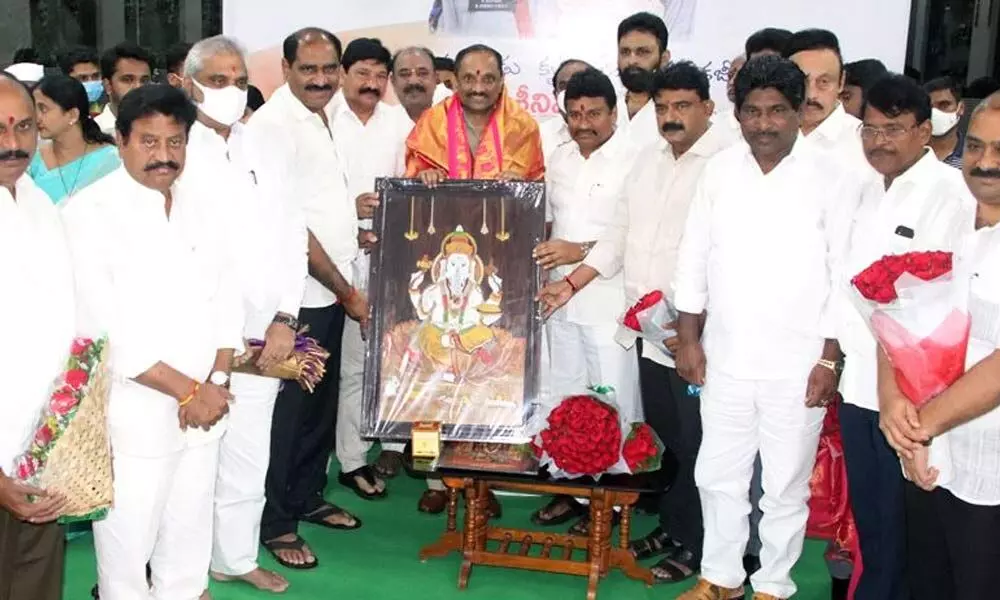 Ministers, MLAs, MLCs felicitating Police Commissioner B Srinivasulu on his retirement in Vijayawada on Tuesday