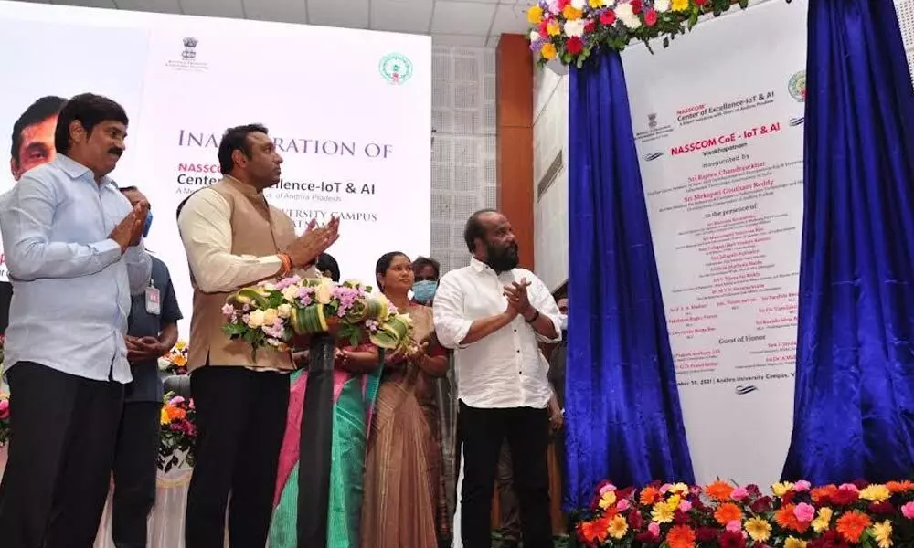 Minister for Industries and Commerce Mekapati Goutham Reddy, Andhra University Vice-Chancellor PVGD Prasad Reddy, among others, inaugurating the ‘Centre of Excellence on IoT and AI’ at Andhra University campus in Visakhapatnam on Tuesday