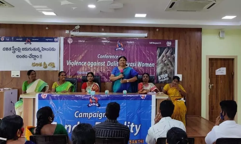 National convener of Dalit Sthree Sakthi Geddam Jhansi addressing the campaign against violence meeting in Guntur