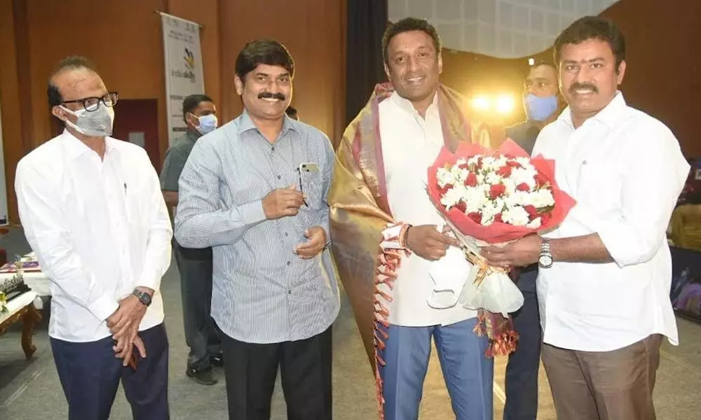 NREDCAP chairman KK Raju meets Minister for Industries and Commerce Mekapati Goutham Reddy during the IndiaSkills 2021 regional competition commenced at Andhra University Convention Centre in Visakhapatnam on Wednesday