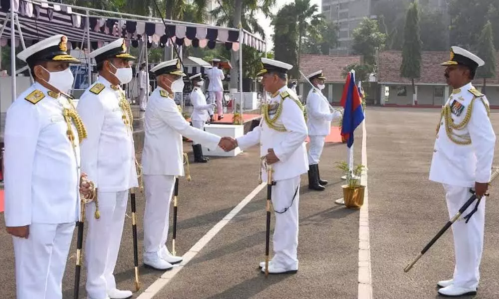Vice Admiral Biswajit Dasgupta with other officials at ENC at the naval base in Visakhapatnam on Wednesday