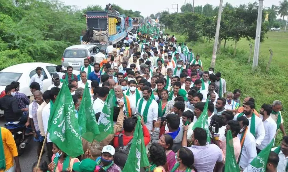 Amaravati farmers taking part in Maha Padayatra in Sarvepalli  constituency on Wednesday