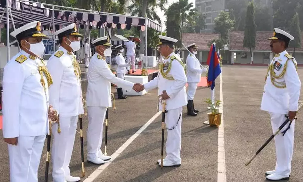 Vice Admiral Biswajit Dasgupta with other officials at ENC at the naval base in Visakhapatnam on Wednesday