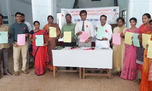 SV University Arts College Principal Prof B V Muralidhar, Prof Stanley Jayakumar, Prof D Krishna Murthy, Prof R Suneetha and others releasing AIDS awareness pamphlets on Wednesday
