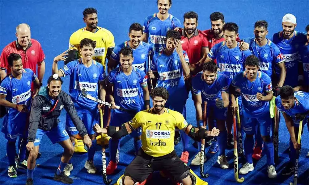 Indian players react after beating Belgium 1-0 in their quarterfinal match at the FIH Odisha Hockey Mens Junior World cup 2021 in Bhubaneswar, Odisha, on Wednesday