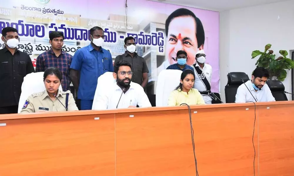 District Collector Jitesh V Patil at a meeting on paddy cultivation in Kamareddy on Thursday