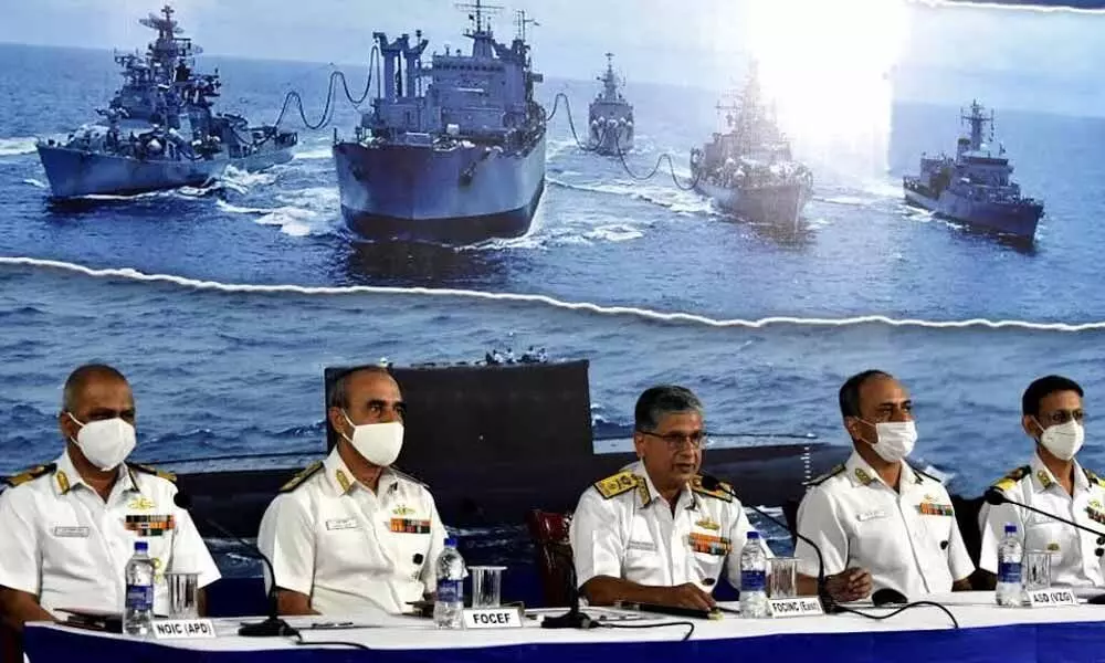 Flag Officer Commanding-in-Chief Eastern Naval command Vice Admiral Biswajit Dasgupta speaking at a media conference in Visakhapatnam on Friday