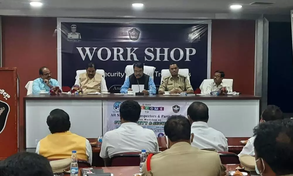 Superintendent of Police Dr K Fakkeerappa speaking at the one-day workshop on ‘Cyber security’ on the YVSRCET College premises in Anantapur on Friday.