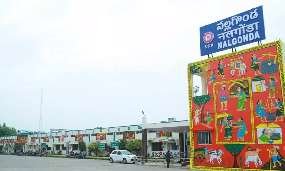 Nalgonda railway station entrance decorated with paintings and National Flag at a height of 100 feet