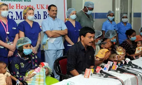 Dr PV RamaRao of Andhra Hospitals and UK doctors team addressing a press conference on free childrens heart surgeries in Vijayawada on Friday 	Photo: Ch Venkata Mastan