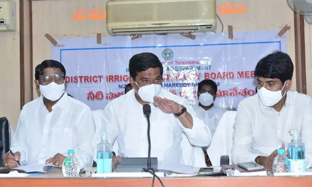 Minister Prashanth Reddy addressing officials during Irrigation Review Meeting in Nizamabad on Saturday