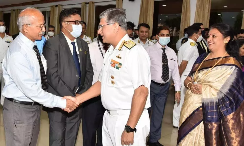 Flag Officer Commanding-in-Chief, Eastern Naval Command, Vice-Admiral Biswajit Dasgupta interacting with veterans during the Navy Day celebrations held in Visakhapatnam on Saturday