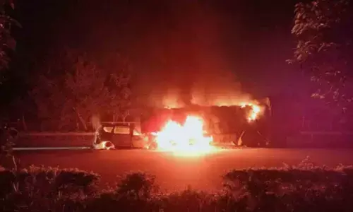 Hyderabad: Car, Lorry go up in flames after collision on ORR