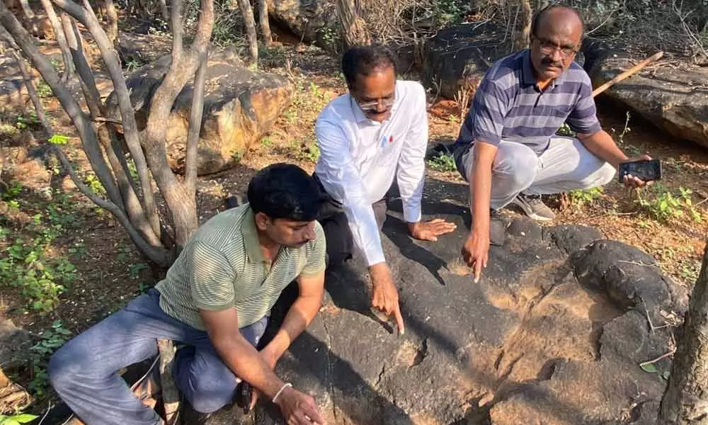 Archaeologist and Buddhist Expert Consultant, Buddhavanam Dr Sivanagi Reddy and others examining the remains of stone age in Budhavanam located in Nagarjuna Sagar on Sunday